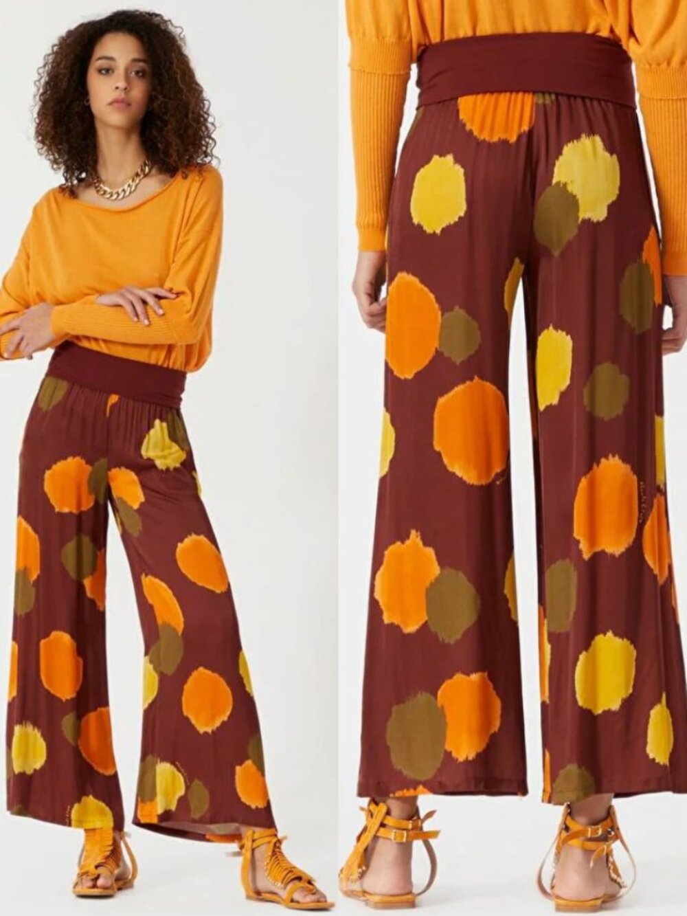 Manila Grace Artsy Polkadot Satin High Waist Wide Leg Crop Pants
